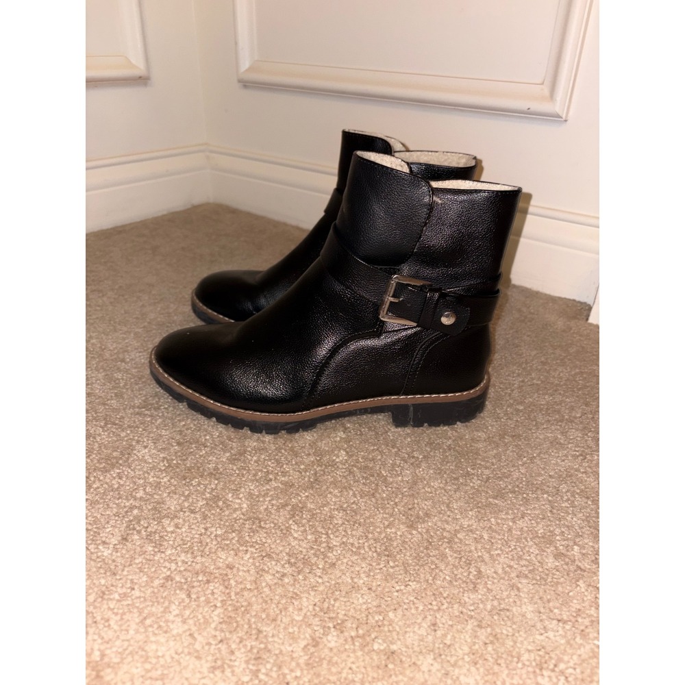 Nautica Womens Black Faux Leather Faux Fur Lined Buckle Ankle Moto Boots Size 8